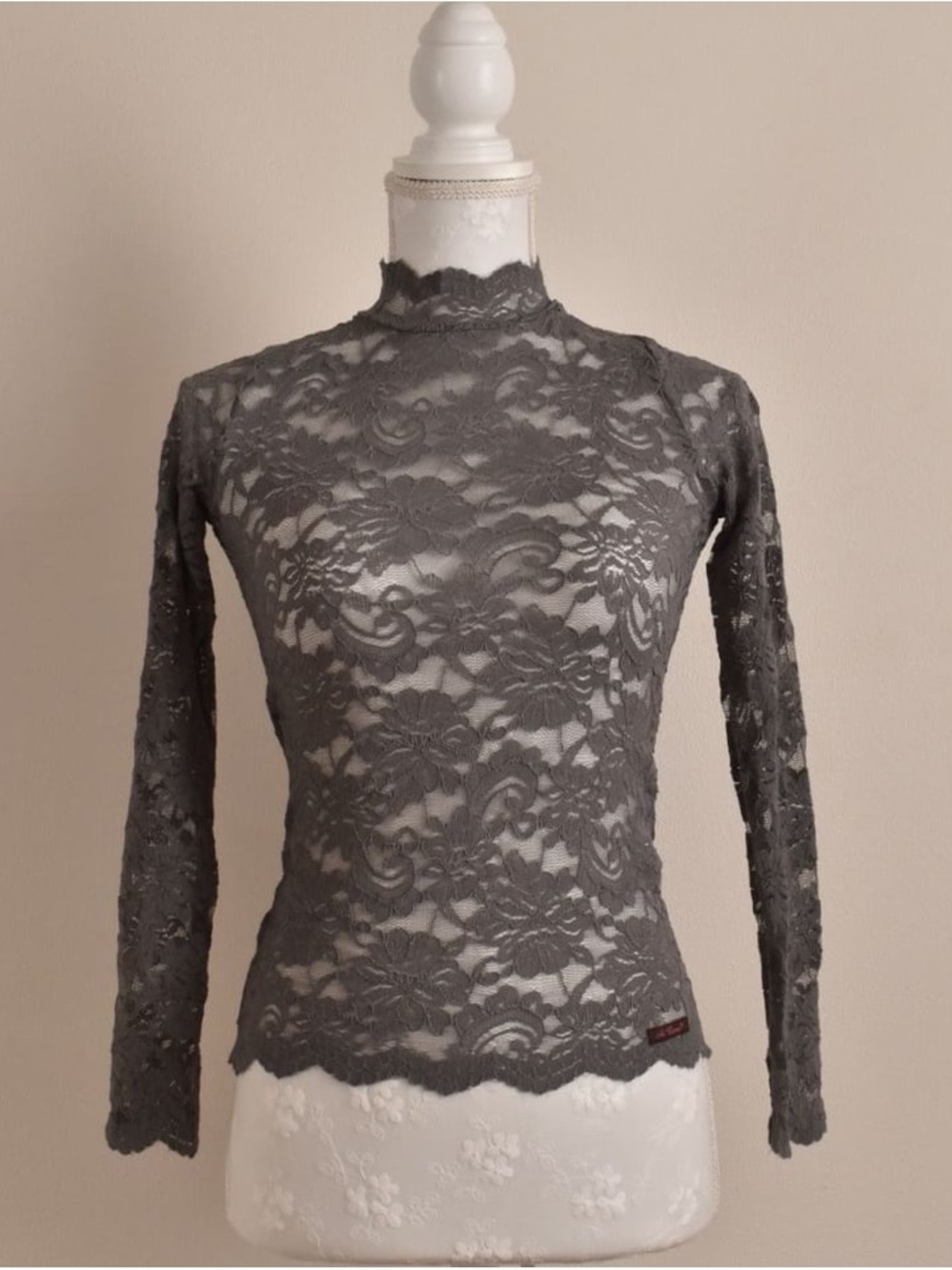 Charcoal Gray Lace Long-Sleeve High Neck Ballet Top